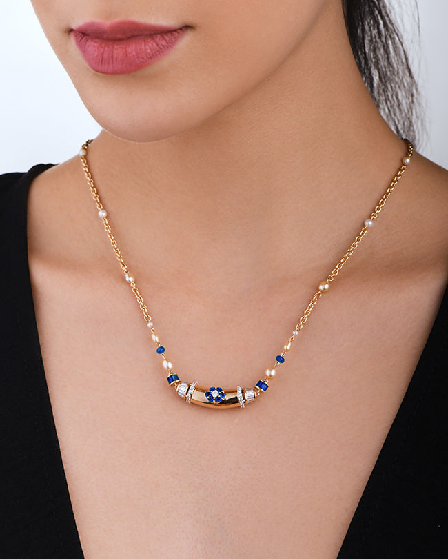 Pearl,Diamond and Blue sapphire necklace